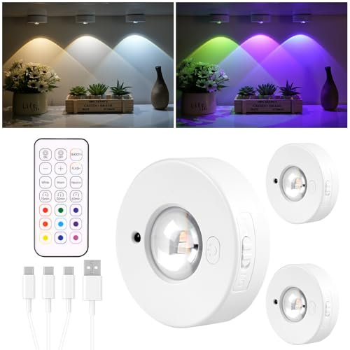 HOTUT RGB Spot LED sans Fil avec télécommande, 3 pièces Lumière de Placard Rechargeable USB LED, Éclairage de LED Vitrine, Spots LED à intensité Variable avec Fonction minuterie