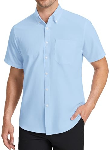HISDERN Men's Oxford Shirts Formal Short Sleeve Shirt for Men Plain Smart Button Down with Pocket Regualr Fit
