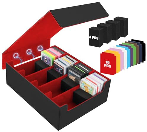 Karten Box für 2800+ Karten,Sammelkarten Box mit 10 Kartenteiler,Sammelkarten-Aufbewahrungsboxen PU Leder Commander Gathering Deck Box Karten Aufbewahrungsbox für MTG,TCG,Sportkarten (Schwarz & Rot)