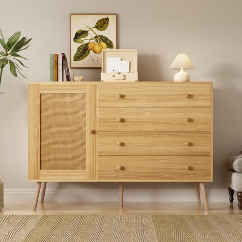 Sideboard 120 cm Holzseitenschrank mit 4 Schubladen und 1 Schranktür, Rattan-Textur, Moderner Sideboard für Wohnzimmer, Schlafzimmer und Flur – Robuste Konstruktion und viel Stauraum