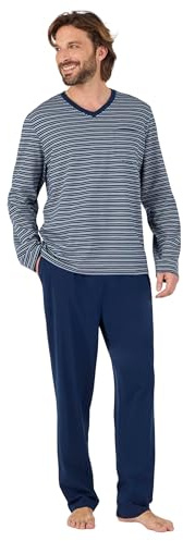 Damart - Men's Long Sleeve Jersey Pyjamas, Navy Striped, XL