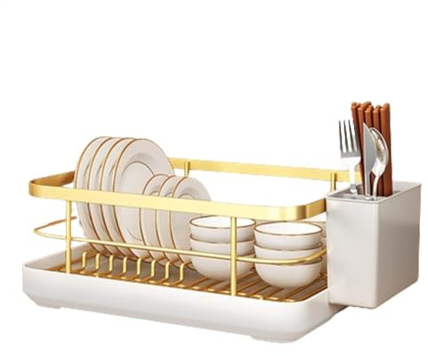 Dish Drying Rack, Steel Kitchen Organizer, Space-Saving Plate Shelf, Cutlery Holder & Drip Tray, (34x26x16cm), Gold/Black/White Perfect For Plates, Bowls & Utensils