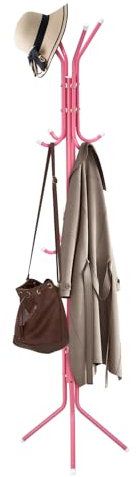 CROWNSHOP Coat Rack Modern Clothes Rack Metal Hanger with 12 Hooks Coat Stand 3 Tier Freestanding Storage Holder Hat Handbag Jacket Umbrella Hanging Organiser for Living Room Bedroom Pink 175CM