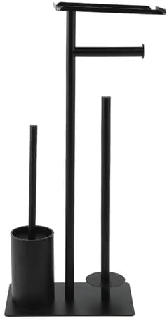 Toilet Roll Holder Free- Standing Paper Holder with Toilet Brush and Shelf Bathroom Floor Standing Toilet Roll Dispenser Matte Black Toilet Brush 10x6x24in