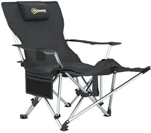 Outsunny Chaise de Camping Pliante, Fauteuil de pêche avec Repose-Pied Amovible, Appui-tête, Porte-gobelet et Sac de Transport, Chaise Longue pour extérieur Plage, Pique-Nique, Noir
