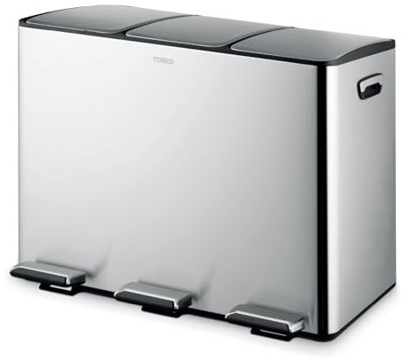 Tower Recycling Pedal Bin, Three 15L Compartments with Removable Inner Buckets, Carbon Steel Body, 45L, Stainless Steel​