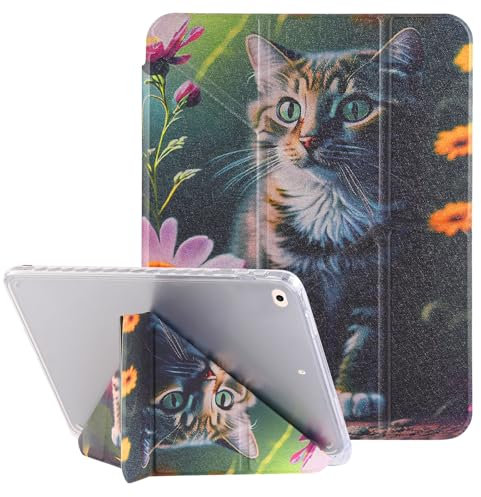 Vaitasy Coque pour iPad 9.7 2018/2017 iPad Air 2/ iPad Air 1 à Angles de Vision Multiples Hülle mit Transparent Antichoc Acrylique Housse pour iPad 9.7 6/5 Gen Fleurs et Chats