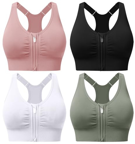 ULERSP Zip Front Sports Bras for Women Adjustable Racerback Medium Support Bras Padded Post-Surgery Bras Seamless Yoga Athletic Bra