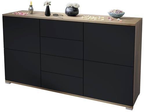 Vladon Sideboard Rova V1, Kommode mit 4 Türen und 4 Schubladen, Eiche Evoke/Schwarz matt (138,5 x 75,5 x 35)