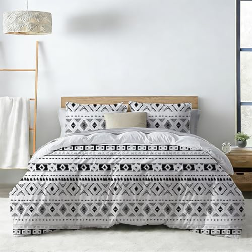 Soifox Boho Bettwäsche 135x200 - Weiße Bettwäsche Sets Microfaser Bettbezug 135 x 200cm mit Kissenbezug Bügelfrei & Knitterfrei Modern Deckenbezug mit Reißverschluss