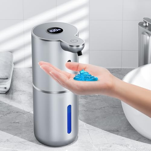 Seifenspender Automatisch mit digitaler Anzeige, Wandmontage, Berührungslos | 380ml, 6-Stufig Einstellbar, 3 Monate Akkulaufzeit, USB Wiederaufladbar, IPX5 Flüssigseifenspender für Bad, Küche, Silber
