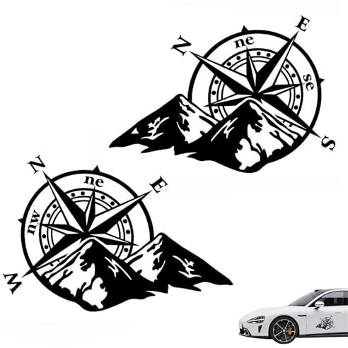 Pack of 2 compass stickers, navigation sticker, wind rose sticker, wind rose car sticker with mountains for campers, motorhomes, outdoor and indoor