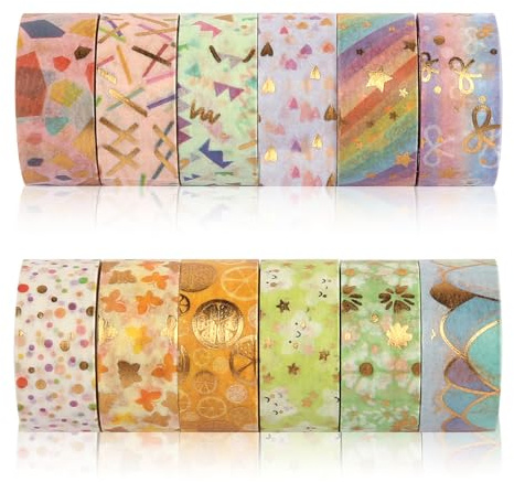 HFDONGL Washi Tape Set 12 Rollen Washi Masking Tape 15mm x 3m Goldfolie Blume Dekoratives Klebeband Bunt DIY Papier Tape für DIY Handwerk Bullet Journals Planer Scrapbooking Verpackung Kunst Wrapping
