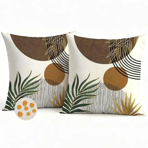 Avalune Outdoor Kissenbezug 45x45 Wasserfest Kissen Bezug Braun Beige Dekokissenhülle Wasserdichtes Boho Geometrische Tropische Blätter Gartenkissen Kissenbezüge für Garten Sofa Terrasse 2er Set