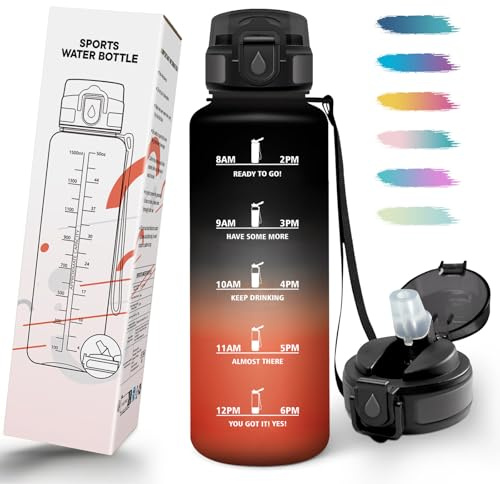 Mulbijeo Gourde Paille, Portable, Gourde 1l5, Étanche, Bouteille Sport avec Paille, Échelle de Temps et Slogans de Motivation, Bouteille d'eau pour Randonnée, Camping, Fitness, Cyclisme