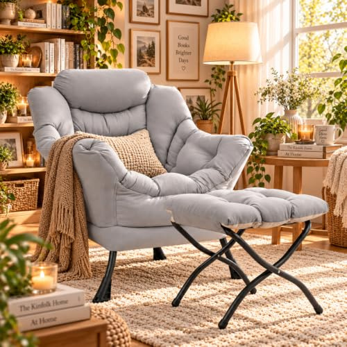 Clevich Lazy Chair, öronlänsstol med pall, modern fåtölj för vardagsrum med sidoficka och fotstöd, lässtol, bekväm loungestol för vardagsrum, sovrum, sovsal