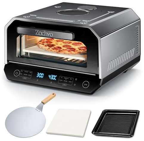 Pizzaofen Elektrisch 450°C – Neapolitanische Pizza in 90 Sek, Sichtfenster & Innenbeleuchtung, 6 Programme & & 6 Kochmodi, Profi-Koch-Modus, Pizzaschaufel & Pizzastein & Backblech,Silber