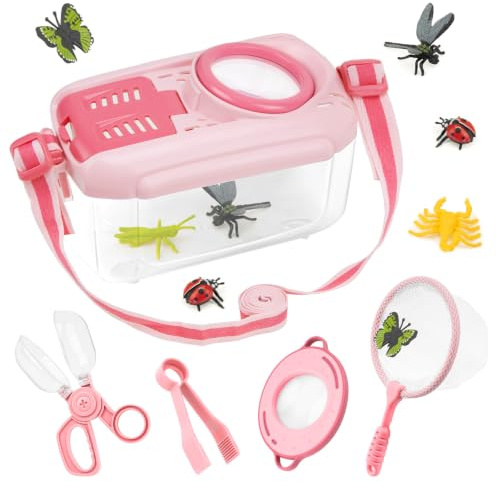 Funsland Kit de Recherche pour Enfants à partir de 4 Ans, kit Explorateur avec boîte d'observation d'insectes, loupe pour Enfants, Attrape-Insectes, 12 Faux Insectes, Filet Papillon (Rose)