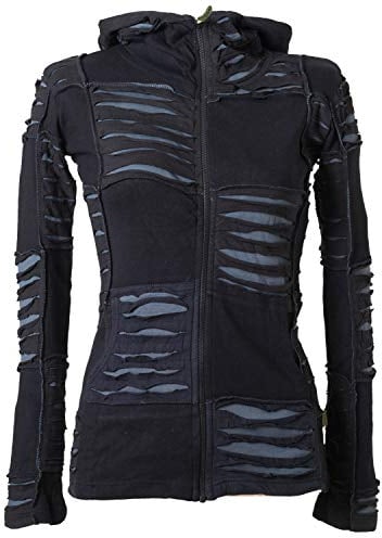 Vishes - Alternative Bekleidung - Damen Patchwork Jacke mit Cutwork und Zipfelkapuze schwarz-grau 38