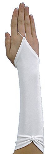 Wunderschöne Brauthandschuhe mit Röschen veredelt, fingerlos, gerafft, A35 30cm, ivory