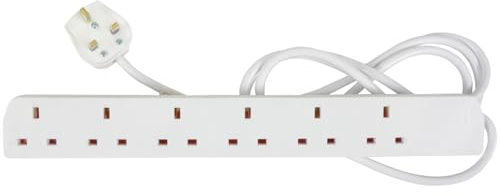 Mercury 6 Gang Extension Lead 2m UK, 6 Way Multi Plug Extension Sockets, 13A Power Strip, Wall-Mountable, Safe Electrical Extension Cable 2 Metres, BS1363/A Compliant