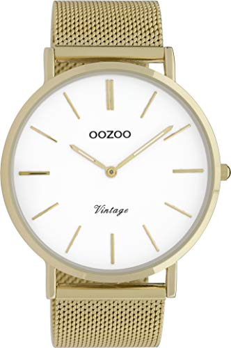 Oozoo Vintage Armbanduhr mit Edelstahl Milanaise Metallband 44 MM Weiß/Goldfarben C9908