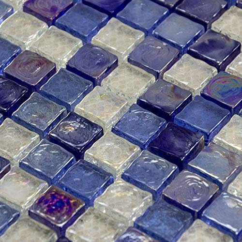 Luxury Textured Blue Sky & Clear Mix Iridescent Glass Mosaic Wall Tile Sheet 8mm