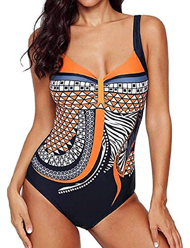 Costumi Interi Donna, One Piece Costumi da Bagno Push Up Trikini Imbottito Backless Swimsuit Pin Up Costume Bohemian Beachwear(Arancio, M)