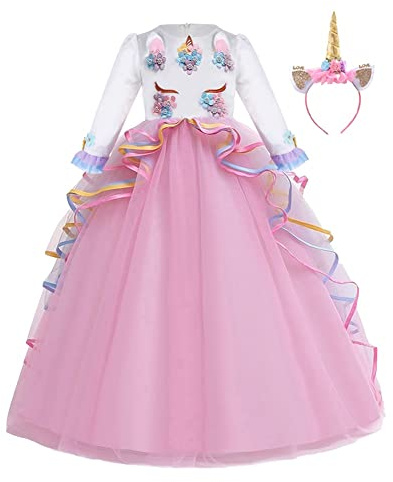 MYRISAM Ragazze Unicorno Principessa Abiti Manica Lunga Tulle Arcobaleno Compleanno Matrimoni Vestito Natale Halloween Carnevale Cosplay Cerimonia Festa Abito con Cerchietto