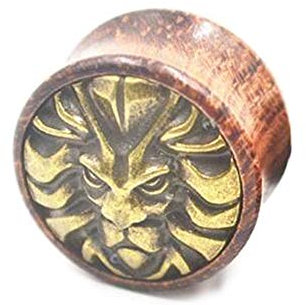 BlackAmazement Plug Flesh Tunnel Inlay Piercing Holz Löwe Lion Sternzeichen 08mm - 20mm braun Biker Damen Herren (18 mm - 1 Stück)