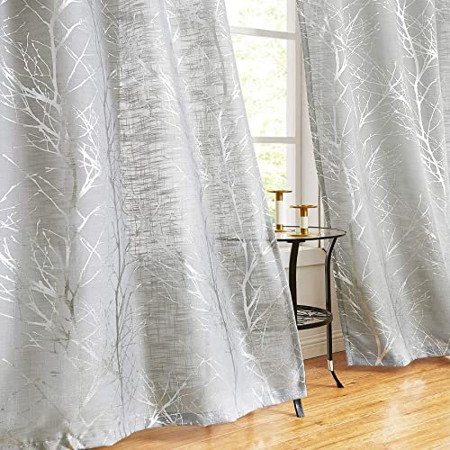 Fmfunctex Grey Silver Semi Sheer Curtains for Bedroom 90 Drop Voile Curtain for Living Room Branch Foil Eyelet Curtains Linen Textured Light Filtering Window Curtain Drapes for Dining Room 2 Panels