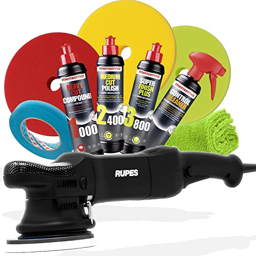detailmate Polier Set: Rupes Exzenter Poliermaschine LHR15 ES + Menzerna Polituren, Polierpads 150mm & Control Cleaner - Lackreiniger + 3M Band + Poliertuch - Profi Politur für Auto & Motorrad Lack