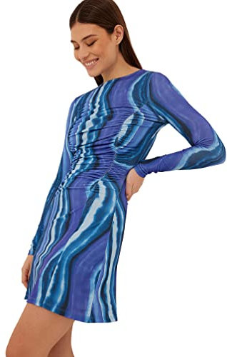 NA-KD Minivestido de Manga Larga con Detalle Fruncido Vestido Informal, Estampado Azul Remolino, L para Mujer