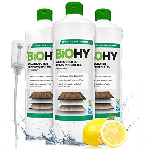 BiOHY Wischroboter Reinigungsmittel (3 x 1 Liter) + Dosierer | Bodenreiniger Mittel für Holzböden | Laminat & Parkettpflege | streifenfreier Glanz auf wasserfestem Holz | schaumarmes Konzentrat