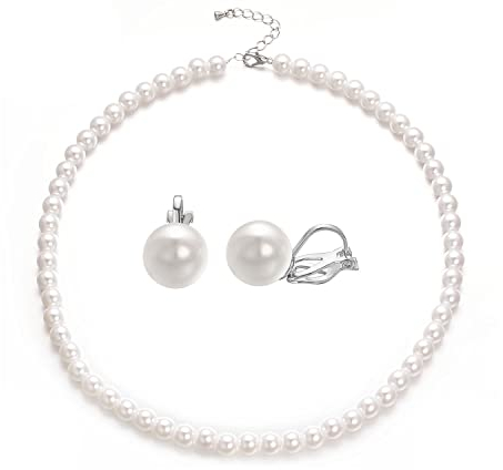 Aleasha Perlen Schmuck Set Damen Weiße Perlenkette Klipp Ohrringe Set Silber Clip Ohrringe Kurze Kette 8mm Hochzeit Bräute Schmuck 45CM