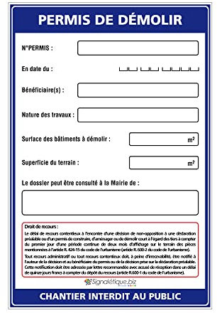 Signalétique.biz - Panneau Permis de Démolir + Marqueur Noir - Akylux 80x120 cm Anti-UV Sans Œillets