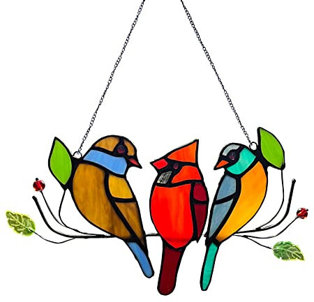 Cardinal Gifts Stained Glass Window Hangings, Suncatcher for Window Multicolor Bird On A Wire Panel Decor Series Ornament Home Wall Garden Decoration Bird Love Gifts