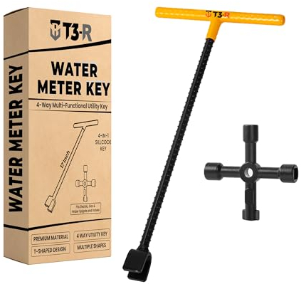T3-R Wasserzählerschlüssel 43,2 cm – 4-Wege-Multifunktionsschlüssel im Lieferumfang enthalten – starker Wasserabsperrwerkzeugschlüssel T-Griff für Bordsteinkanten-Haupt- und Wasserzähler –