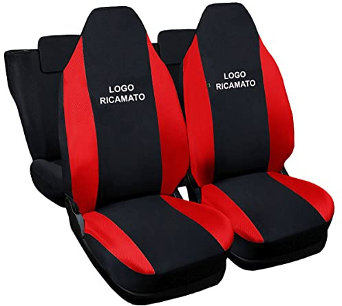 Rebeca Shop® Autositzbezüge mit gesticktem Logo kompatibel für Twingo mit geteilten Rücksitzen, 6er-Set (schwarz/rot)