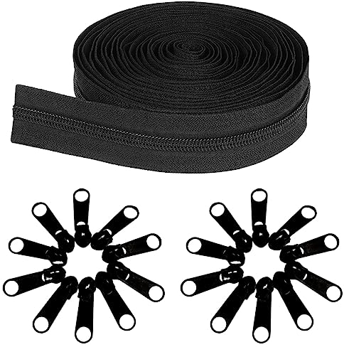 Amykite Endlosreißverschluss mit Zipper schwarz,10mm 10m Reißverschluss Meterware mit 20 Metall Schieber,#10 Nylon reißverschluss endlos, für Taschen,Kleidung,Bettwäsche Kissen usw.