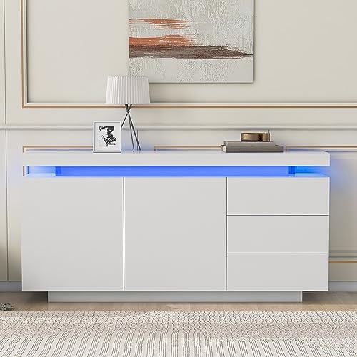 KecDuey Sideboard 140x35x72.5cm,Hochglanz Kommode TV Schrank Modern Wohnzimmer Beistellschrank Standschrank Highboard Anrichte Möbel 2 Türen 3 Schubladenmit LED Licht Grifflose Weiß