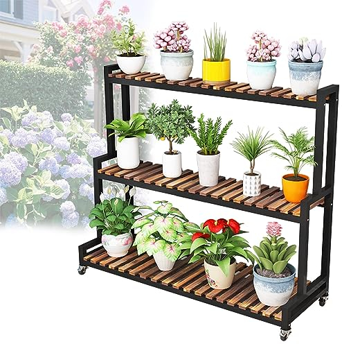 LIGUOYI Blumenregal Aus Metall Draussen Plant Stand 2 Ebenen 3 Ebenen Pflanzenregal Weiß Schwarz Holz, Breite 80cm 100cm 120cm Blumenständer Mit Rädern Belastbarkeit 200kg, Für Garten, Balkon