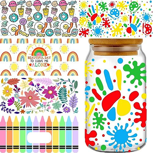 5 Blätter UV DTF Transfer Sticker für Glas Becher,Wasserfeste Tassen Aufkleber Becher Wickeln Transfers Sticker Set Klar Film Transfer Papier Kaffeebecher Rub on Stickers Rub on Transferaufkleber