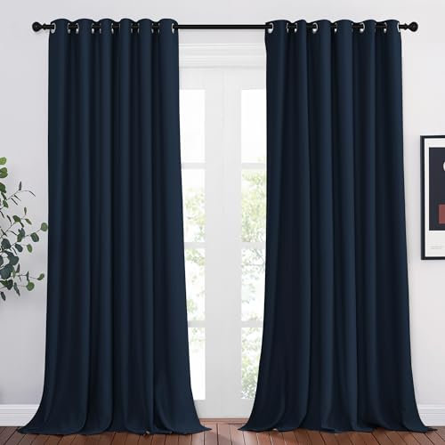 PONY DANCE Extra Breite Gardinen Wohnzimmer Ösenschal 2er Set H 260 x B 200 cm Verdunklungsvorhänge Ösen Dunkelblaue Vorhänge für Große Fenster Thermogardine Wärmeisolierend