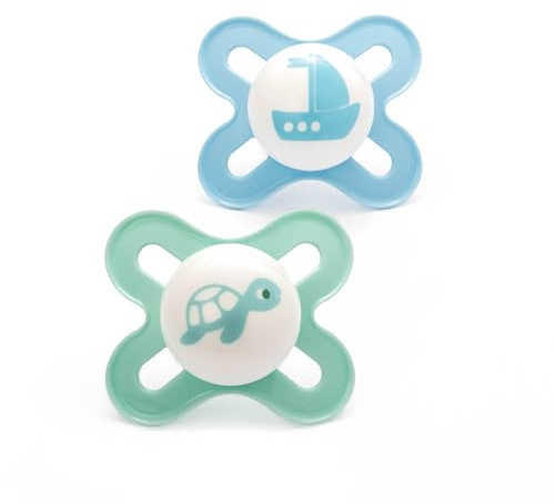 MAM Original Start Soothers 0-2 Months | 2 Pack | Newborn Dummies | Comes in Dummy Steriliser Case | Sustainable Materials | Baby Accessories | Blue (Various Designs)