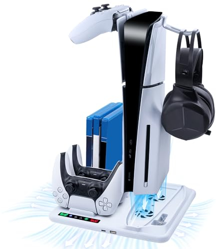 Wigearss Soporte Vertical con Ventiladores de Refrigeración para PS5 Slim, Velocidad del Ventilador Ajustable en 3 Niveles y Colgador para Tarjetas de Juego (No Compatible con PS5/PS5 Pro)