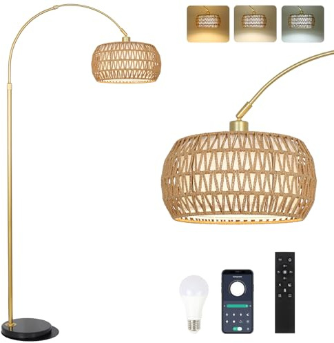Lampadaire à arc avec télécommande et ampoule à intensité variable, lampe sur pied en rotin de style bohème avec 3 températures de couleur, hauteur réglable en hauteur pour chambre à coucher, lampe de