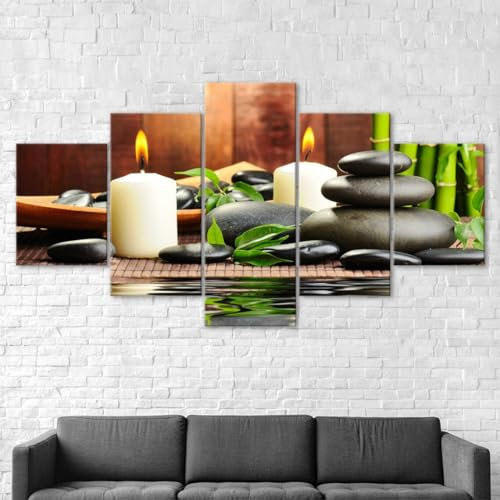RAPSANI Bilder Wandbild 200x100cm Vlies - Leinwand Bild XXL Wandbilder Wohnzimmer Wohnung Deko Kunstdrucke 5 Teilig Leinwand Bild -Massage-Spa-Steine-Kerze Hd Gedruckt Wandkunst