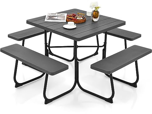 COSTWAY Sitzgarnitur für 8 Personen, Picknicktisch mit Schirmloch & 4 Bänken, quadratischer Gartentisch, Gartengarnitur, Gartenmöbel, Sitzgruppe für Garten, Terrasse (Schwarz)