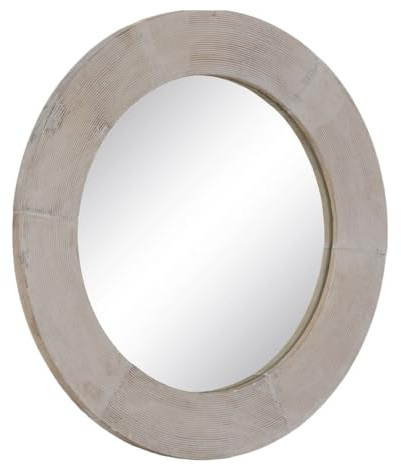 BigBuy Home Wandspiegel, Naturweiß, Glas, Mangoholz, MDF, vertikal, rund, 61 x 2,5 x 61 cm